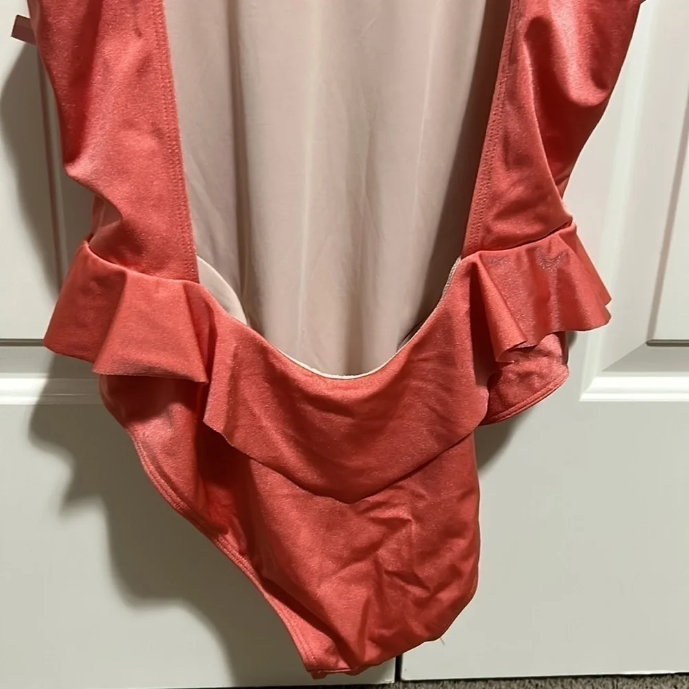 Something Navy Ruffle Swimsuit One Piece Coral Sz m NEW